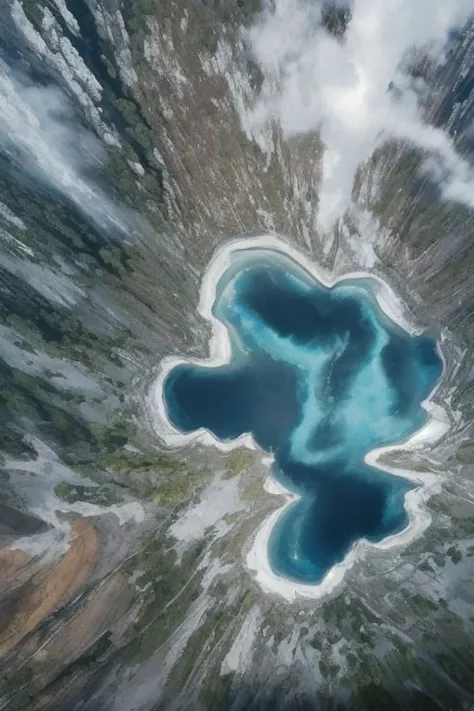 arafed view of a blue lake surrounded by mountains and clouds