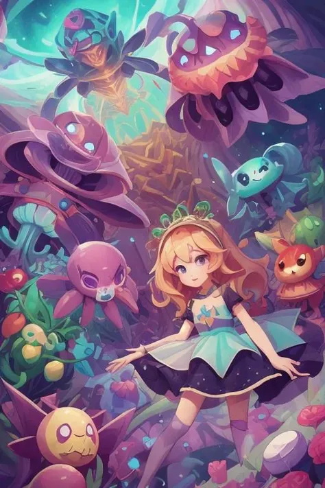 a cartoon girl surrounded by monsters and other creatures