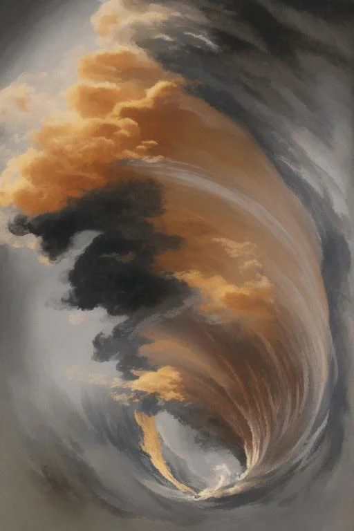 a painting of a large wave with clouds coming out of it