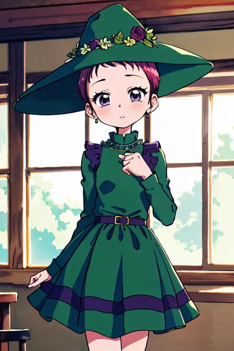 <lora:kayoko:0.82>Nagato kayoko, cowboy shot, very short hair, purple eyes, green witch outfit, green frilled dress, puffy, jewels, green witch hat,
(best quality, masterpiece, RAW photo,ultra-detailed:1.2), <lyco:GoodHands-beta2:1.0>,1girl,solo,looking at...