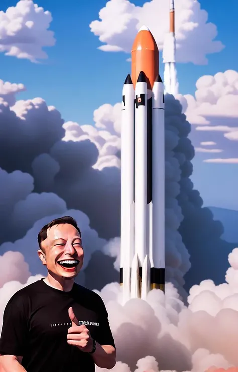 (Elon Musk,:1.1)Laughing expression,rocket launch background<lora:Yue Minjun Signature smile style000012:0.55>,