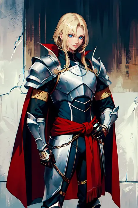 <lora:Yonpii-Style-000080:0.6>,, ultra detailed, masterpiece, best quality, solo, smile, red theme, 1boy, blue eyes, medium blonde hair, parted bangs, hair intakes, male focus, muscular male, armor, pauldrons, cuirass, gauntlets, waist cape, greaves, black...