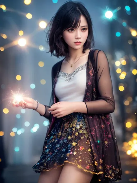 (best quality, masterpiece:1.2),ultra detailed,(photo realistic:1.4),solo,cute girl,(colorful illumination:1.1),light_particles,...