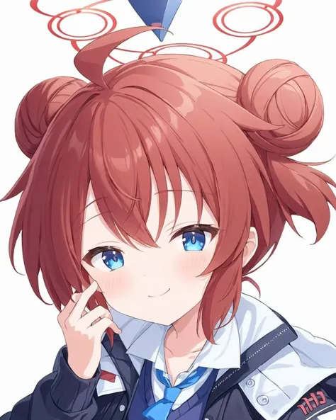 maki (blue archive),1girl, solo, halo, one_eye_closed, ahoge, smile, collared_shirt, jacket, white_shirt, blue_necktie, sweater_vest, long_sleeves, looking_at_viewer, white_background, blush, id_card, light_blush, upper_body, simple_background, holding, ha...