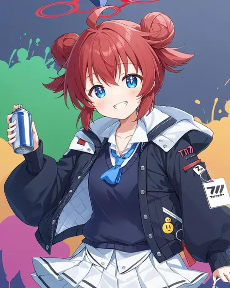 maki (blue archive),1girl, spray_can, double_bun, sweater_vest, solo, ahoge, blue_necktie, hooded_jacket, halo, holding, long_sleeves, looking_at_viewer, pleated_skirt, grin, collared_shirt, hood_down, puffy_sleeves, smiley_face, white_shirt, white_skirt, ...