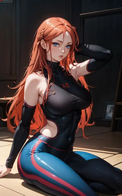 (((sitting))), anime, (((portrait of daw))), a woman, (((a red hair))), (((blue eyes))), (((skintight yoga pants))), 8k, unreal engine, octane render, by kyun, gamang, Yoon Gon-Ji, g.ho, gosonjak, shuroop, serious, domi, noah, trending on pixiv, fanbox, sk...