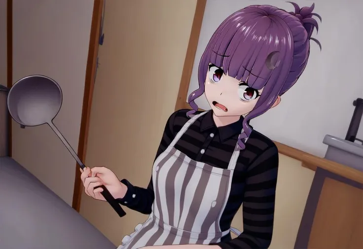 source_furry, <lora:Wakana_Watabe_from_LiL:0.8>, wakana_watabe, indoors, 1girl, solo, looking at viewer, striped, alternate hairstyle, open mouth, apron, ladle, panicked expression, scared, score_9, score_8_up, score_7_up, score_6_up, score_5_up, score_4_u...