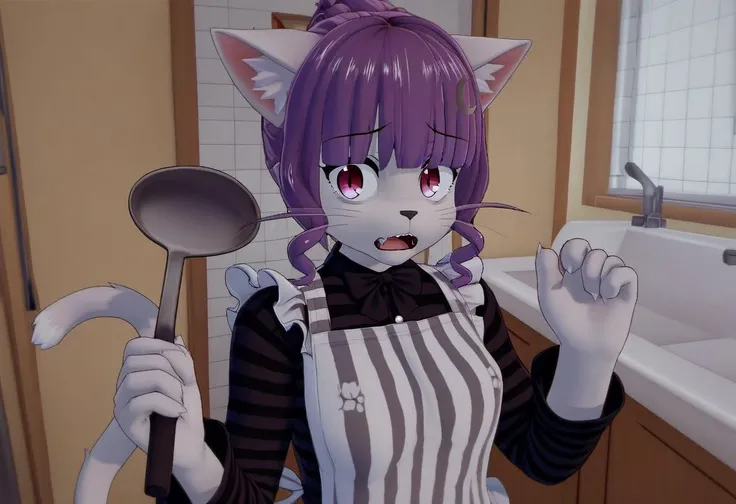 source_furry, <lora:Wakana_Watabe_from_LiL:0.8>, wakana_watabe, indoors, 1girl, solo, looking at viewer, striped, alternate hairstyle, open mouth, apron, ladle, panicked expression, scared, as an anthro catgirl, fur, cat ears, cat whiskers, cat nose,, scor...