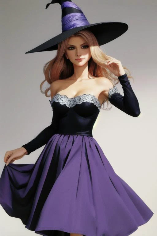 a woman in a purple dress and black hat posing for a picture