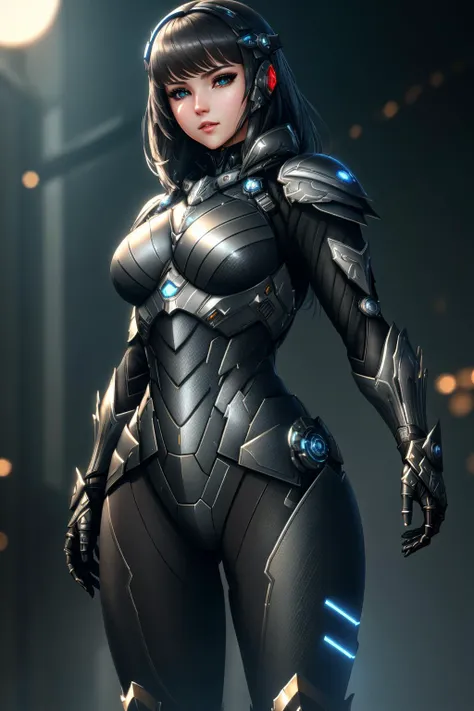 a woman in a futuristic suit standing in front of a dark background