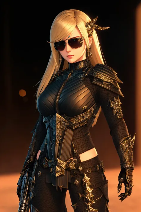 a woman in a black outfit and sunglasses holding a gun