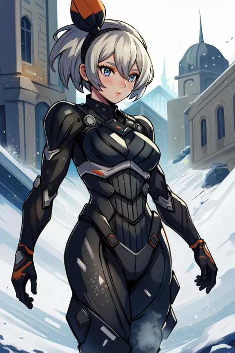 a woman in a futuristic suit walking through a snowy city