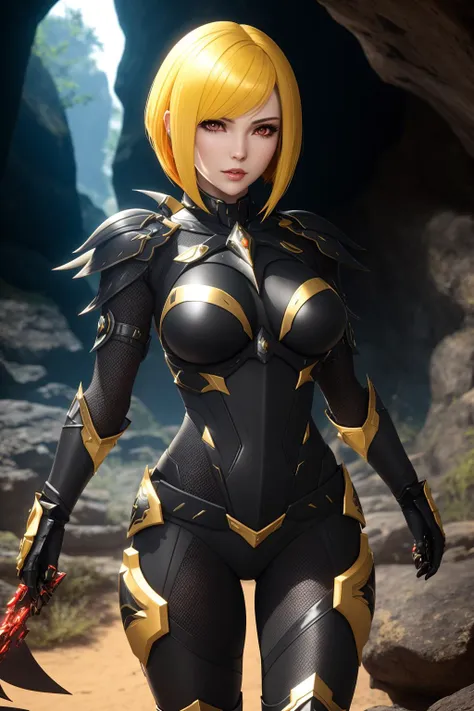 a  photo of a  [vixen|seductress] , science fiction, [(crNanosuit|War_Glam)::0.5], [power armor|armor] ,armored, wearing [(crNanosuit|War_Glam)::0.5]_breastplate, <lyco:edgNanoWarrior:0.7>, photogenic, perfect face, pretty face, red eyes, yellow hair, very...