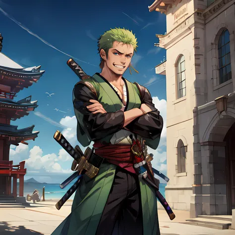 (masterpiece,highres,best quality),solo, male focus, 1boy, roronoa zoro, scar, muscular male, grin, looking at viewer,BREAK (dual wielding:1.2) katanas,crossed arms, japanese clothes, green kimono, BREAK ship,ocean <lora:onepiece_zoro-10:0.8>