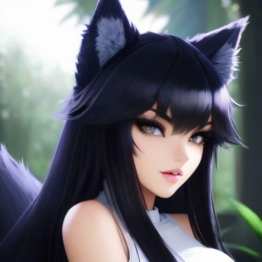 a close up of a woman with long black hair wearing a cat ears