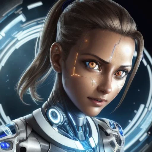 hyper detailed face, glowing eyes, metallic face, perfect nose, character:Chell, copyrights:Portal, human, beautiful face, detailed face, aroused, toned, medium tits, transformation, becoming a cyborg, metallic skin, photorealistic, volumetric lighting, hi...