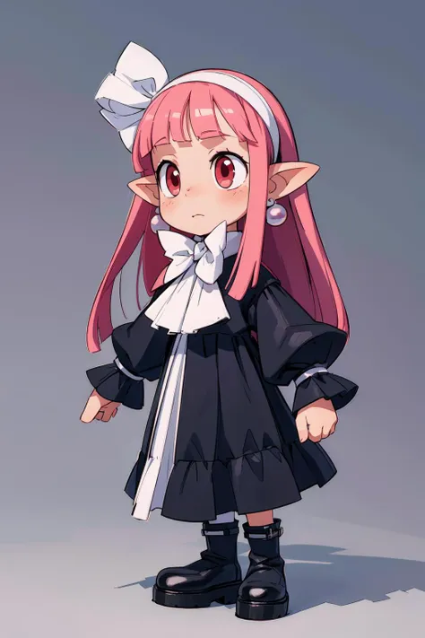 thick outlines, photorealistic, 1girl, solo, full body shot, <lora:Witch-10v5:0.6>, Witch, long pink hair, pointy ears, red eyes, black dress, white hair ribbon, white hairband, long sleeves, earrings, or small white earrings, or pearl earrings, black boot...