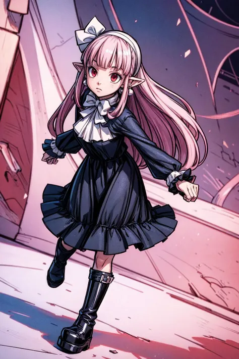 thick outlines, comics, photorealistic, 1girl, solo, full body shot, <lora:Witch-10v5:0.6>, Witch, long pink hair, pointy ears, red eyes, black dress, white hair ribbon, white hairband, long sleeves, earrings, black boots, castle, detailed background, deta...