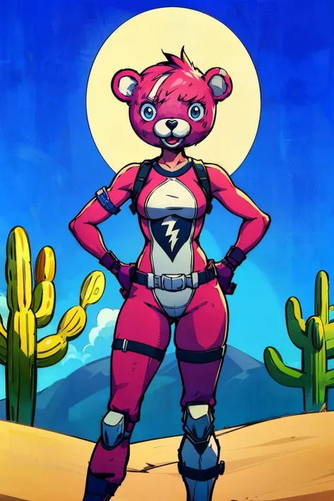 a cartoon of a woman in a pink outfit standing in front of a cactus