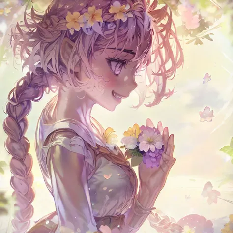 anime girl with braid hair holding flowers in her hand