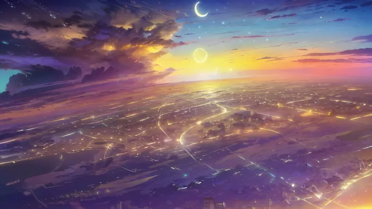 masterpiece,muddymelly, outdoors, skyline, city, neon, neon lights, scenery, from above, moon, crescent moon, no humans, skyscra...