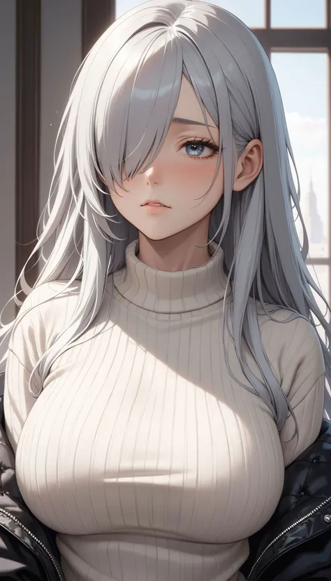 a woman with long gray hair and a white top