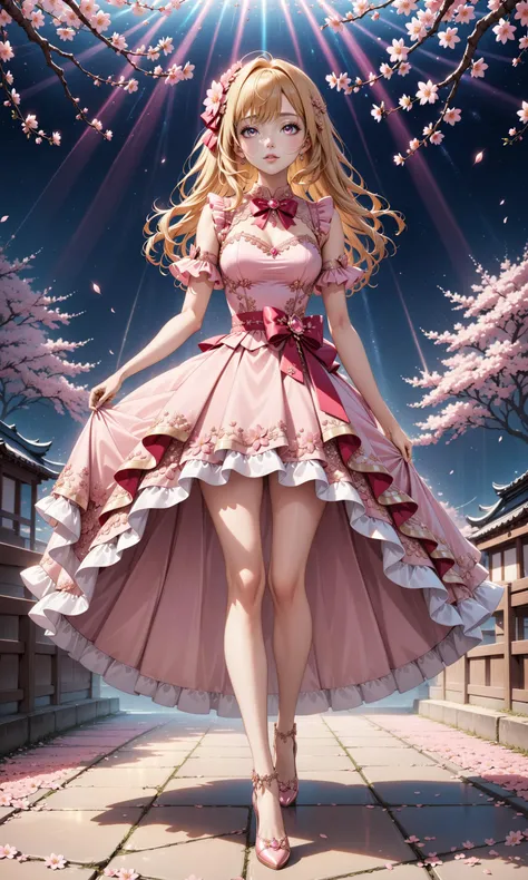 (very aesthetic, best quality, ultra detailed), intricate details, beautiful idol with blonde hair, pink dress, sakura flowers, pink diamonds, full body