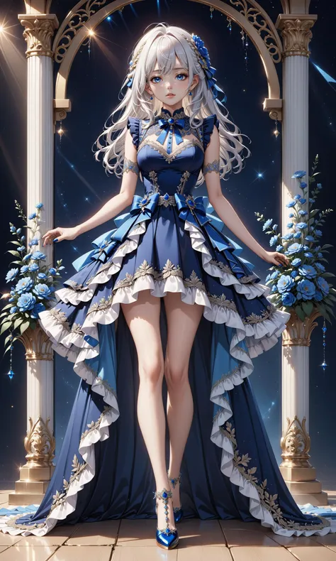 (very aesthetic, best quality, ultra detailed), intricate details, beautiful idol with white hair, blue dress, blue flowers, sapphire, full body