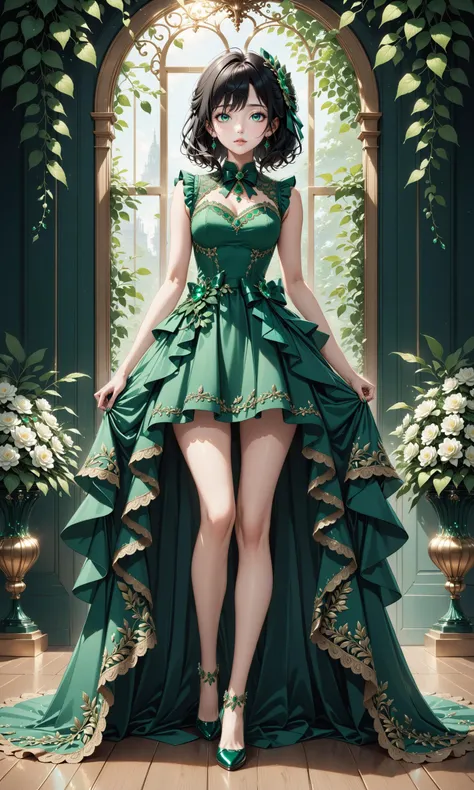 (very aesthetic, best quality, ultra detailed), intricate details, beautiful idol with black hair, green dress, green leaves, emeralds, full body