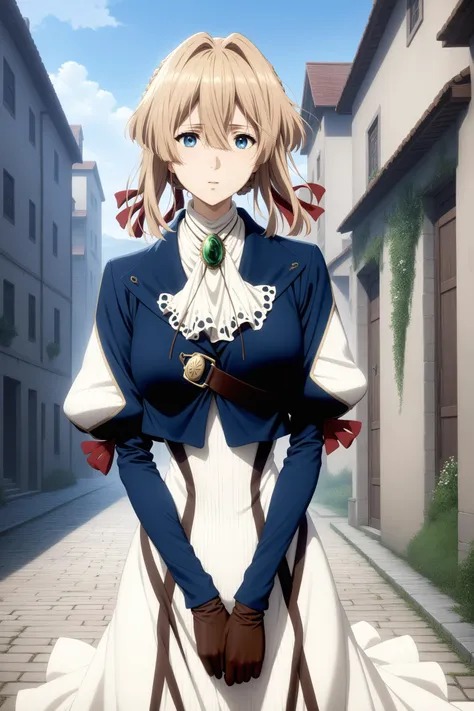 anime girl in a white dress and blue jacket standing in a narrow alley