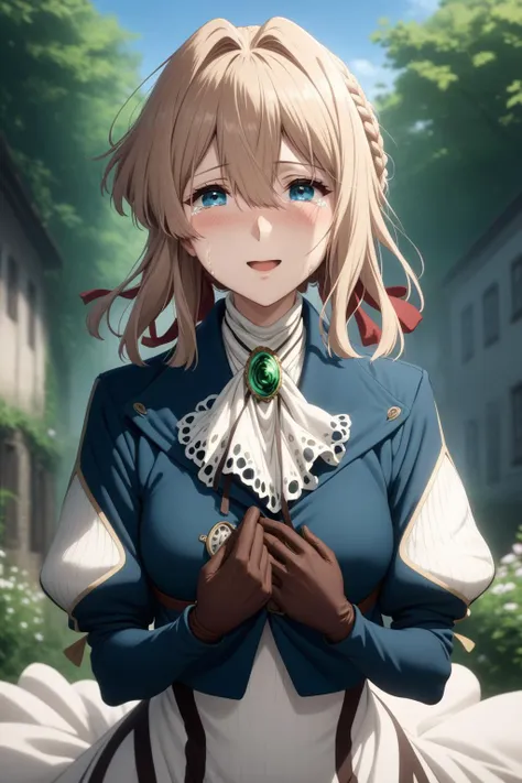 masterpiece, best quality, very aesthetic, absurdres, aave, braid, hair ribbon, red ribbon, jewelry, white ascot, brooch, blue jacket, long sleeves, brown gloves, white dress, long dress, violet evergarden, <lora:violet_evergarden_XL_v1(anima):0.9>, upper ...