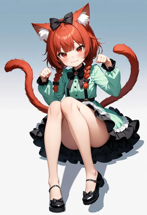 (masterpiece, best quality, very aesthetic, ultra detailed), intricate details,1girl, :3, animal ears, bangs, black bow,  blush, bow, braid, cat ears, cat girl, cat tail, dress, fang, fang out, frilled dress, frills, full body, green dress, hair bow, kaenb...