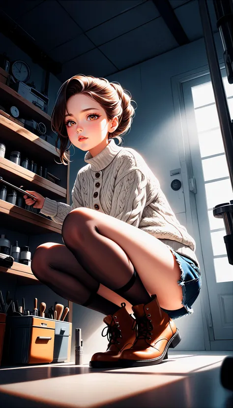 (very aesthetic, best quality, ultra detailed), intricate details,
1girl, beautiful girl,
senior, european, chestnut eyes, pale cheeks, square face shape with angular jaw,natural "no-makeup" makeup,
Tool Room,
wearing  Cable-knit Aran sweater with a button...