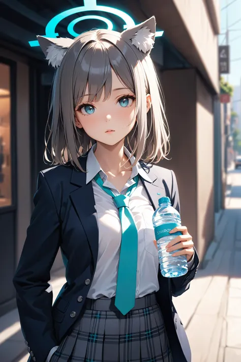 1girl,shiroko (blue archive),blue archive,animal ears,school uniform,blazer,skirt,loose necktie,simple background,hand on hip,halo,emotionless,head tilt,street,collarbone,holding water bottle,depth of field,, (masterpiece, best quality, ultra detailed),int...