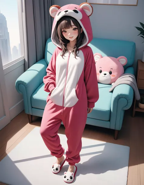 very aesthetic, best quality, ultra detailed, masterpiece, 1girl, wearing onesie, colorful and happy, animal slippers