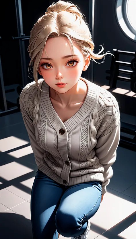 (very aesthetic, best quality, ultra detailed), intricate details,
1girl, beautiful girl,
senior, european, chestnut eyes, pale cheeks, square face shape with angular jaw,natural "no-makeup" makeup,
Astronaut Exercise and Fitness Room,
wearing  Aran sweate...