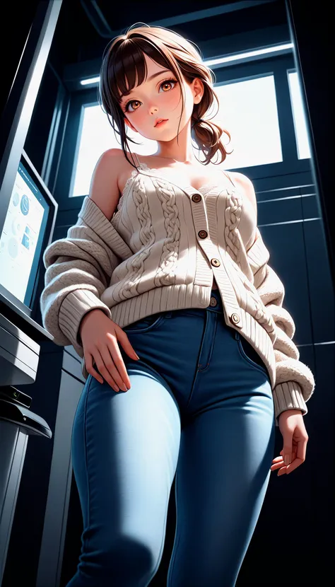 (very aesthetic, best quality, ultra detailed), intricate details,
1girl, beautiful girl,
senior, european, chestnut eyes, pale cheeks, square face shape with angular jaw,natural "no-makeup" makeup,
Artificial Intelligence Research Lab,
wearing  Aran sweat...