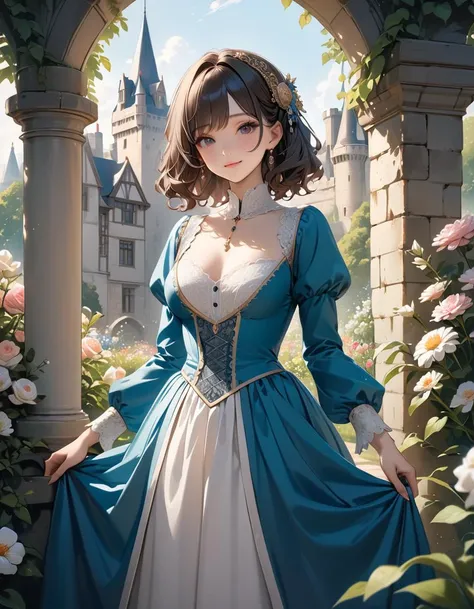 (masterpiece, best quality, ultra detailed), intricate details, 1girl, solo, detailed wavy bob hair, beautiful detailed eyes,  wearing tudor dress, light smile, standing in garden of castle, flowers,