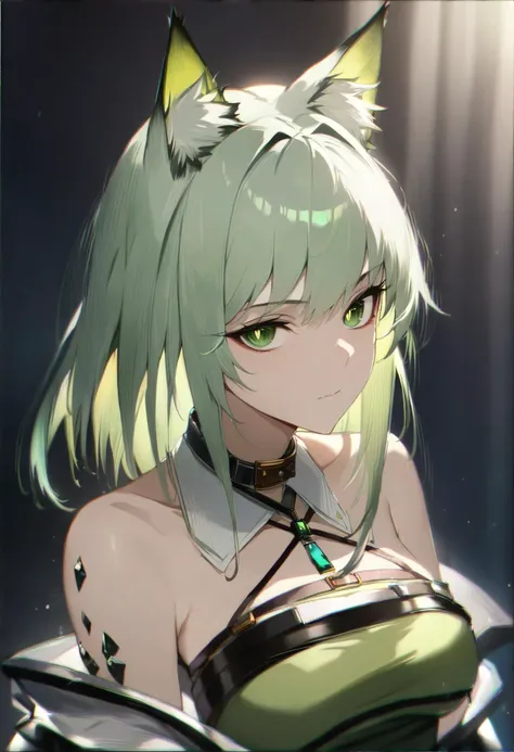 ((kaltsit arknights)), 1girl, animal ears, bare shoulders, breasts, bright pupils, cat ears, cleavage, closed mouth, dress, green dress, green eyes, green hair, halter dress, halterneck, medium breasts, medium hair, oripathy lesion arknights, simple backgr...