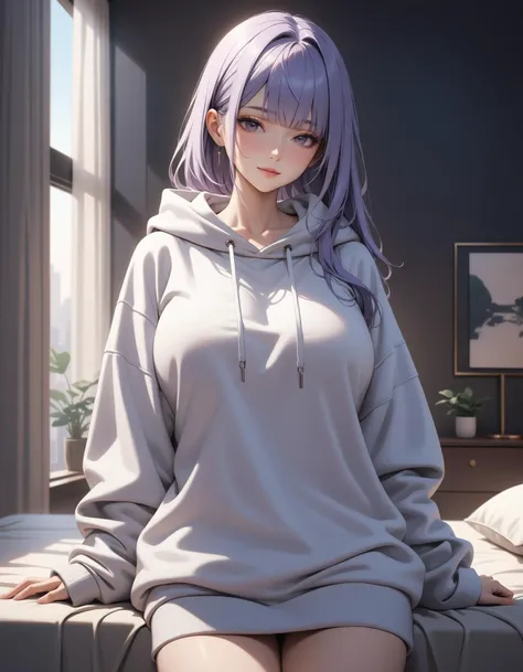 very aesthetic, best quality, ultra detailed, masterpiece, 1girl, wearing oversized sweatshirt, large breasts, light smile