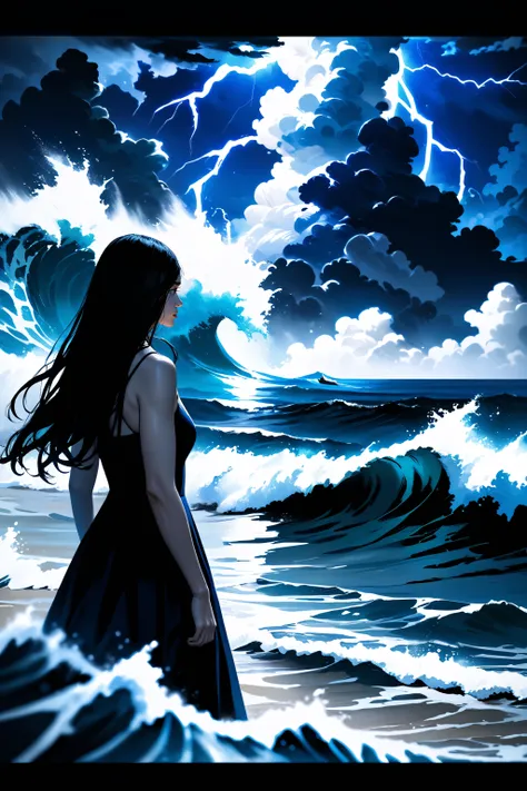 (masterpiece, best quality), cloud, waves, ocean, blue theme, sky, water, long hair, cloudy sky, lightning, night, tsunami, realistic,