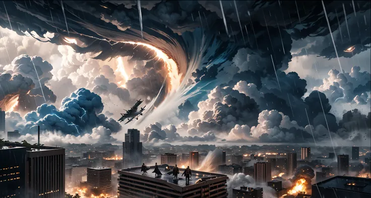 (masterpiece, best quality), an air giant destroying a city, a hurricane, cloudy, rain, 2k, realistic, panic,