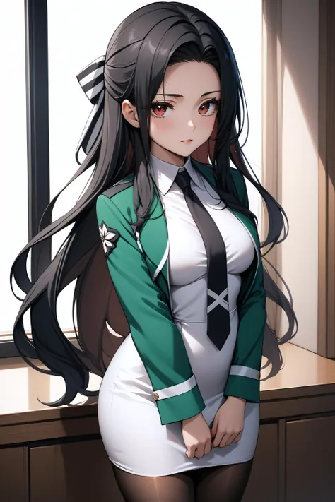 anime girl in uniform posing in front of window with long black hair