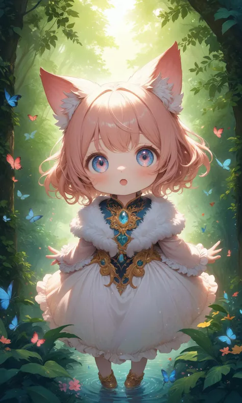 (masterpiece, best quality, very aesthetic, ultra detailed),intricate detailsextremely detailed,cute folded-ear cat,big eyes,(fur),(detailed face),(happy, relaxed),(((chasing after butterlies))),reflection,(fantasy enchanted rainforest background, butterfl...