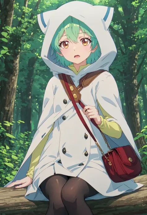 best quality, masterpiece, highres, solo, (ivy_saijakutamerwagomihiroinotabiwohajimemashita:1.10), 1girl, long sleeves, outdoors, white cloak, yellow eyes, shoulder bag, hood up, open mouth, tree, forest, looking at viewer, pantyhose, day, anime_style, 4 <...