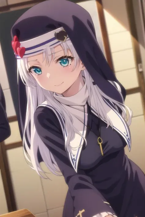 katetakayama, <lora:kate takayama s2-lora-nochekaiser:1>,
kate takayama, long hair, white hair, mole, aqua eyes, mole under eye, smile,
BREAK long sleeves, dress, jewelry, necklace, black dress, cross, nun, habit, cross necklace,
BREAK indoors, classroom,
...