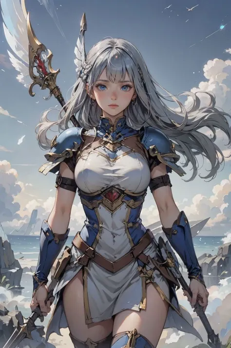 a woman with long hair and armor holding a sword on a beach