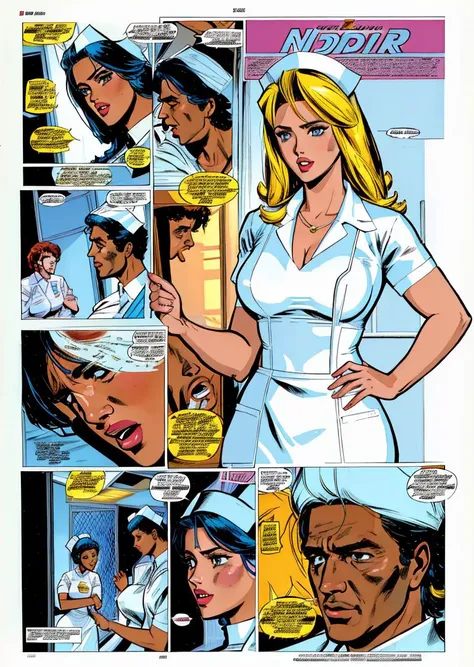 nursecomics, comic book page, nurses treating patients, diverse characters, action, Robert Redford, romance, hospital, <lora:nursecomics:1>