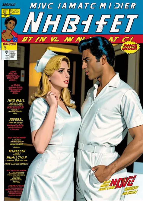 nursecomics, comic book cover, magazine cover, nurses treating patients, diverse characters, action, John Travolta, romance, hospital, <lora:nursecomics:1>