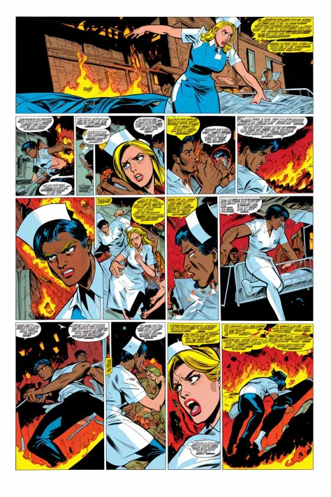 <lora:nursecomics:1> nursecomics, comic book page, 
female characters, fire in the hospital, smoke, flames, action, dramatic,